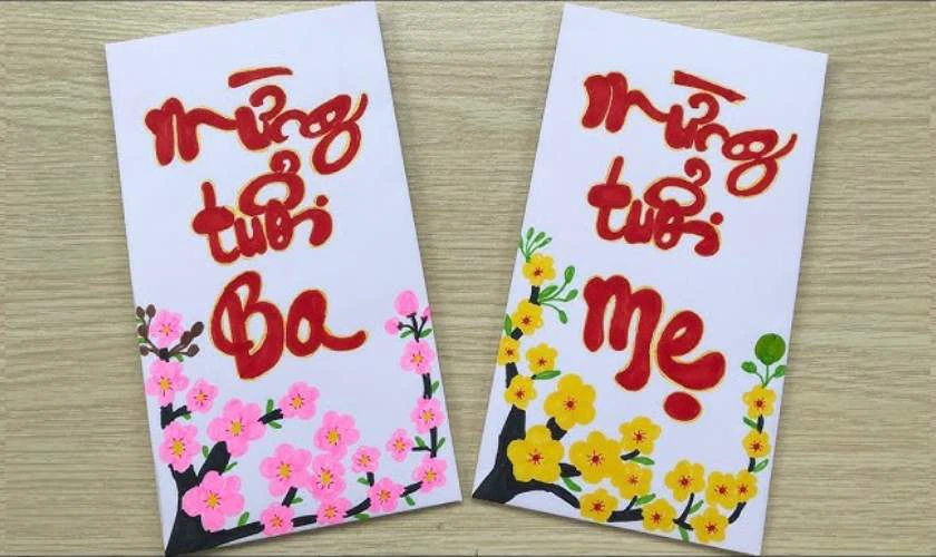 Trang trí bao lì xì Tết 2026 hoạ tiết hoa đào ấn tượng