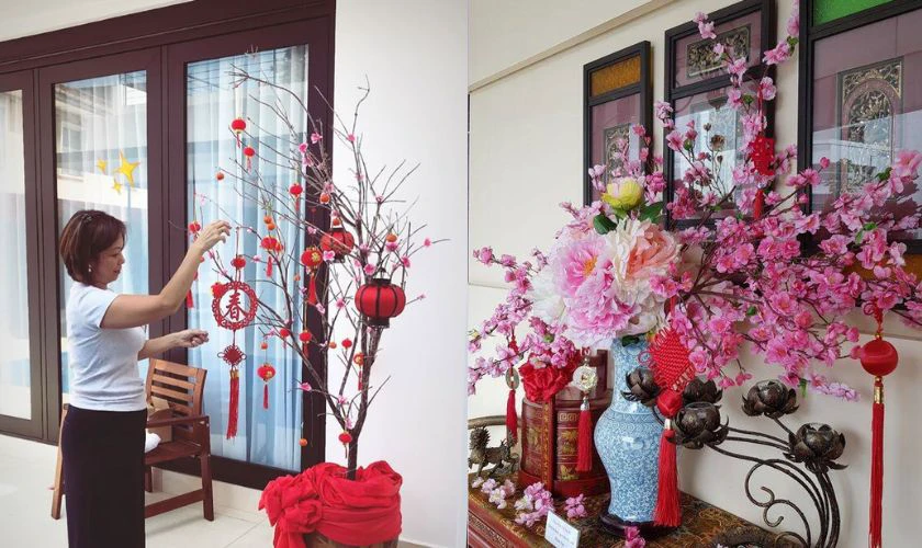 Treo vòng trang trí phong thủy cho cây đào ngày Tết