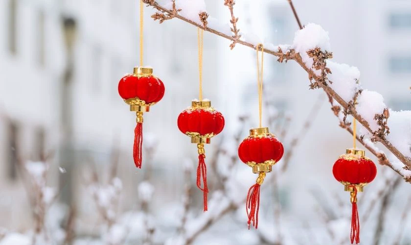 Cách trang trí cây mai ngày Tết với lồng đèn mini