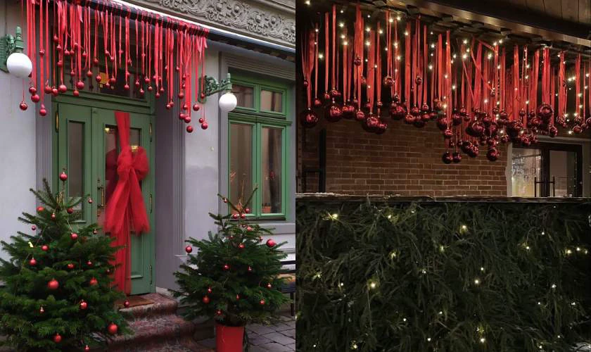Trang trí cửa kính Noel bằng dây ruy băng đỏ rực