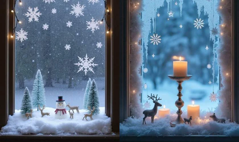 Trang trí cửa kính Noel với tuyết trắng xóa