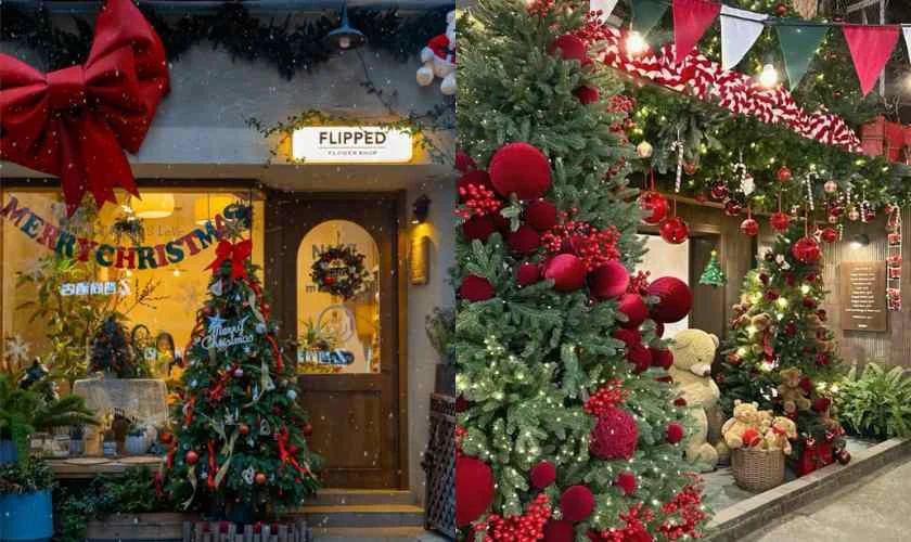 Trang trí cửa kính Noel bằng cây thông Noel