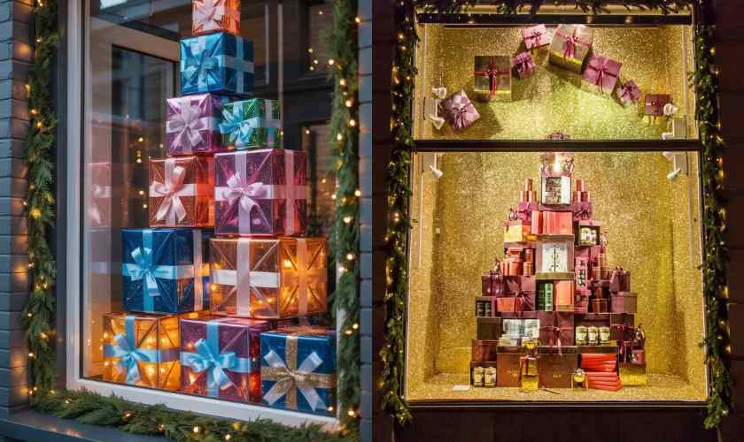 Trang trí cửa kính Noel bằng hộp quà đầy màu sắc