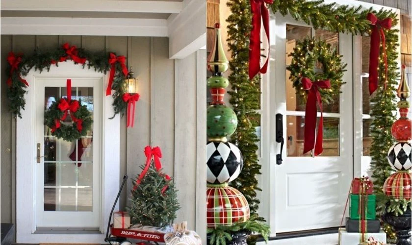 Kết hợp vòng nguyệt quế với nơ đỏ trang trí Giáng Sinh