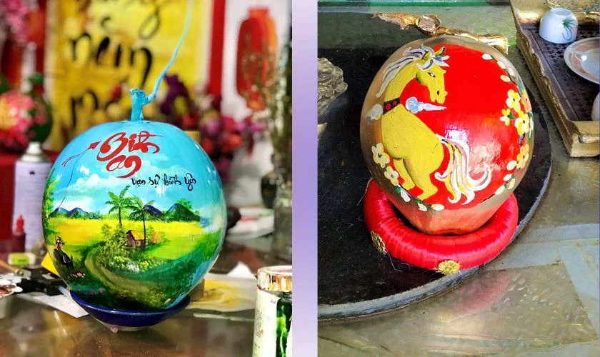 Trang trí dừa phun sơn Tết Bính Ngọ