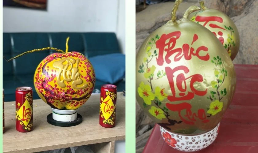 Trang trí dừa Tết Bính Ngọ với chữ Phúc - Lộc - Thọ