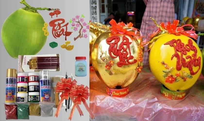 Các loại vật liệu cần chuẩn bị để trang trí dừa Tết theo phong cách sáng tạo