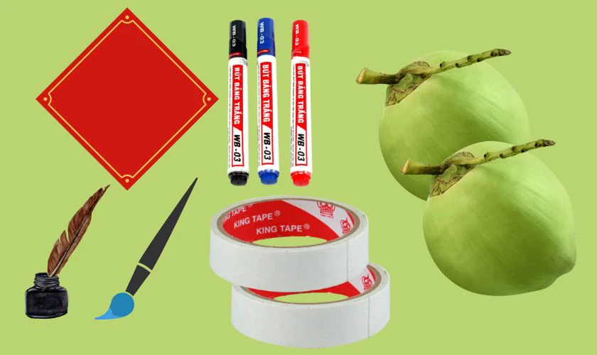 Dán chữ thư pháp trang trí quả dừa ngày Tết và nguyên liệu cần