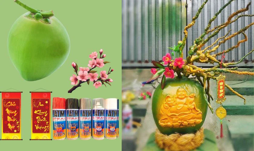 Trang trí trái dừa ngày Tết bằng các biểu tượng ngày Tết