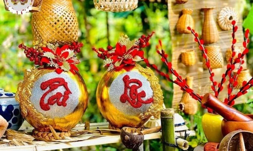 Trang trí dừa Tết dát vàng có kim tuyến