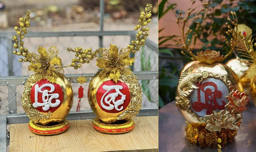 Trang trí dừa Tết với chữ nổi kim tuyến đẹp