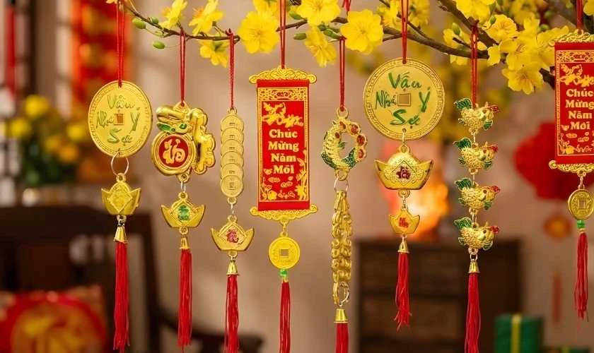 Trang trí gian hàng Tết bằng liễn treo