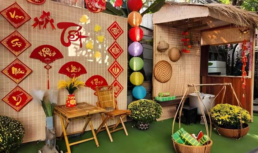 Trang trí gian hàng mùa Xuân bằng đèn lồng xinh