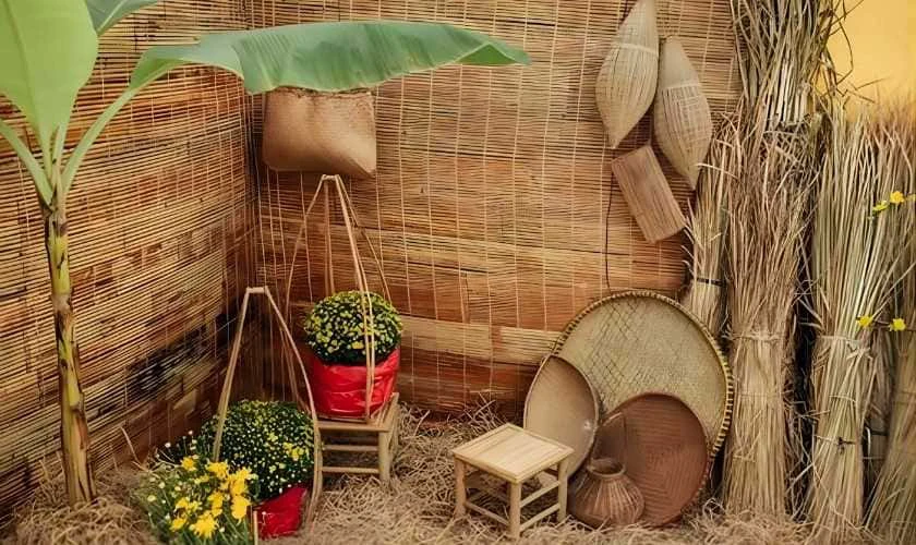 Trang trí gian hàng Tết bằng rơm rạ đơn giản