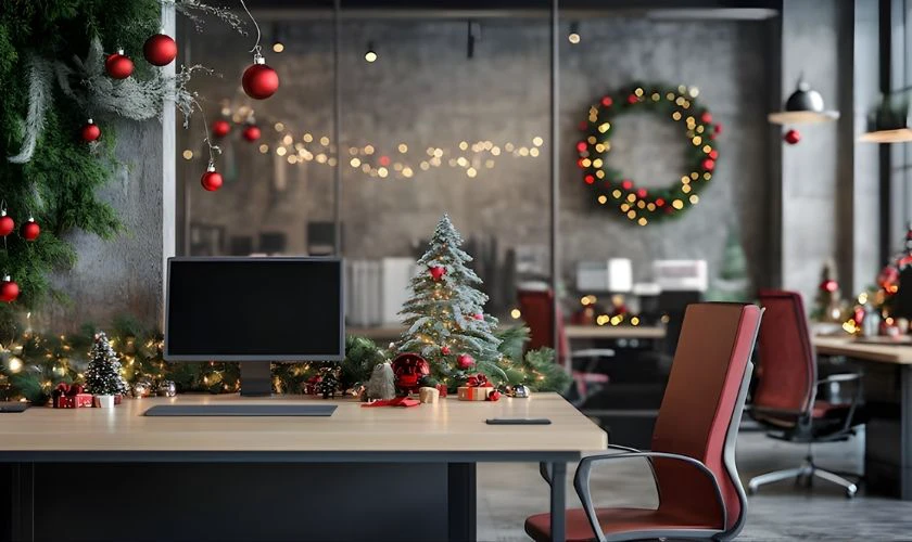 Trang trí Noel góc làm việc bằng chậu cây thông