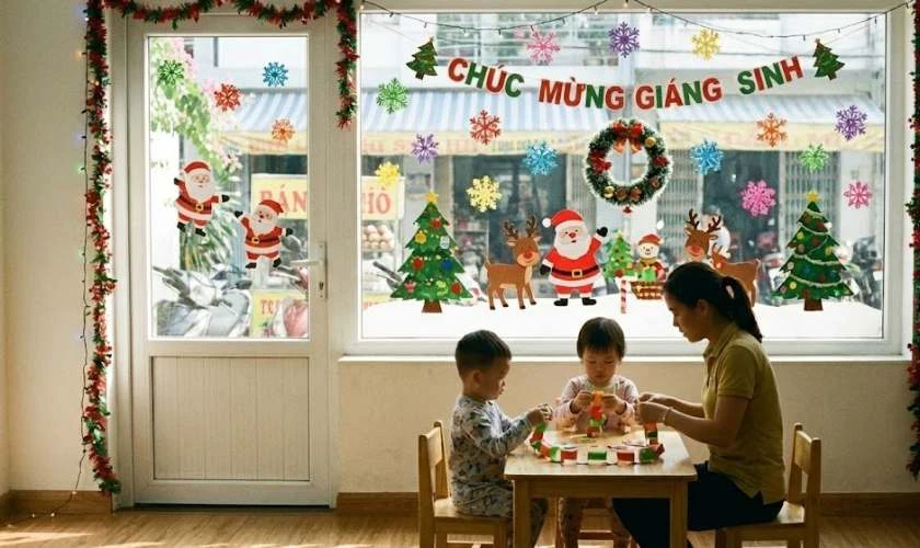 Trang trí Giáng sinh mầm non trên cửa lớp tinh nghịch