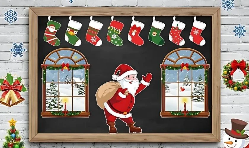 Sử dụng hình dán ông già Noel để trang trí Giáng Sinh trường mầm non