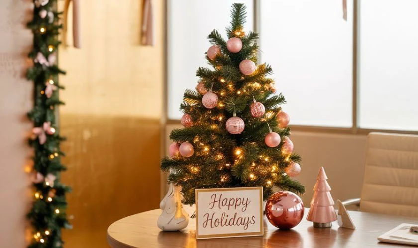 Trang trí Giáng sinh văn phòng bằng trái châu tone hồng