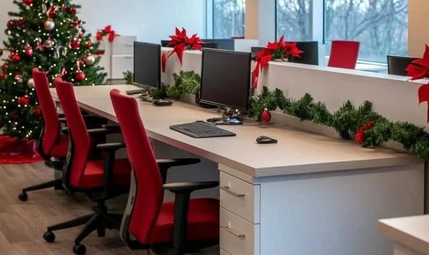 Trang trí Giáng sinh văn phòng theo concept màu đỏ, xanh, trắng