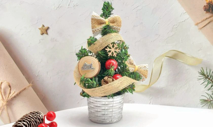 Đặt cây thông mini trên bàn cute