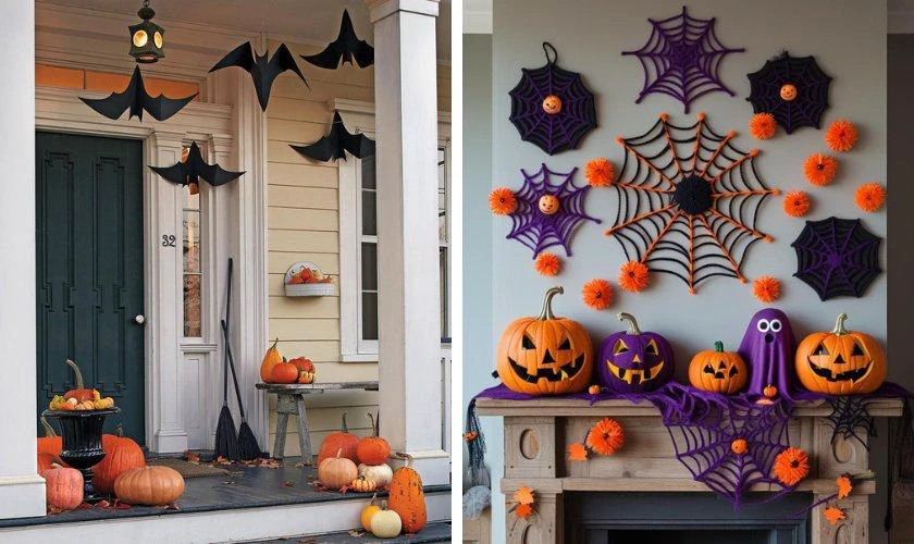 Trang trí Halloween mầm non bằng quả bí ngô và mạng nhện