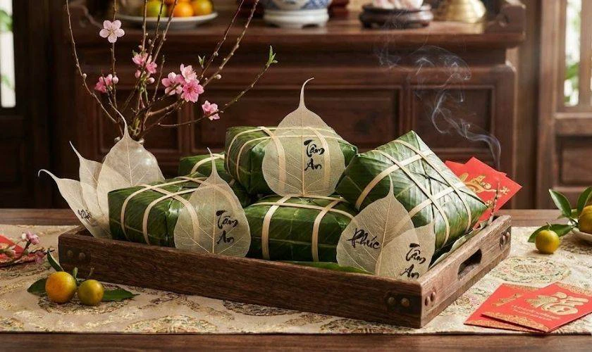 Trang trí mâm bánh chưng ngày Tết với lá bồ đề tâm an