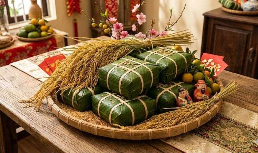 Trang trí với mẹt tre và lúa vàng