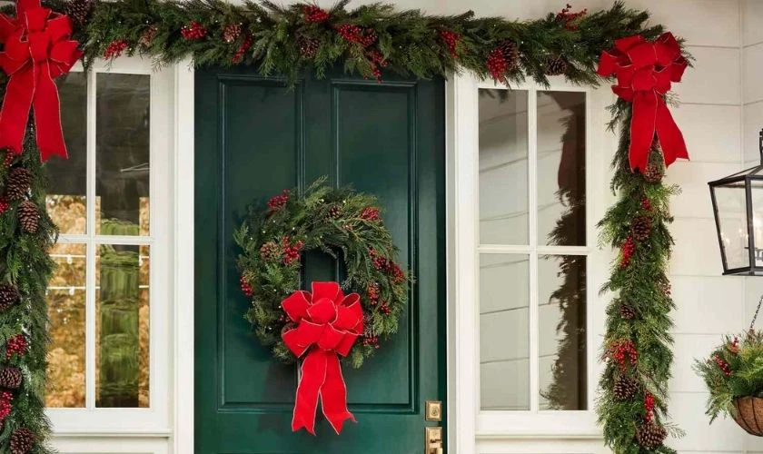 Trang trí Noel cửa trước với vòng nguyệt quế Giáng sinh