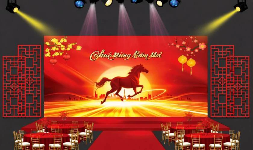 Trang Trí Sân Khấu Tết Với Biểu Tượng Con Ngựa Rực Rỡ