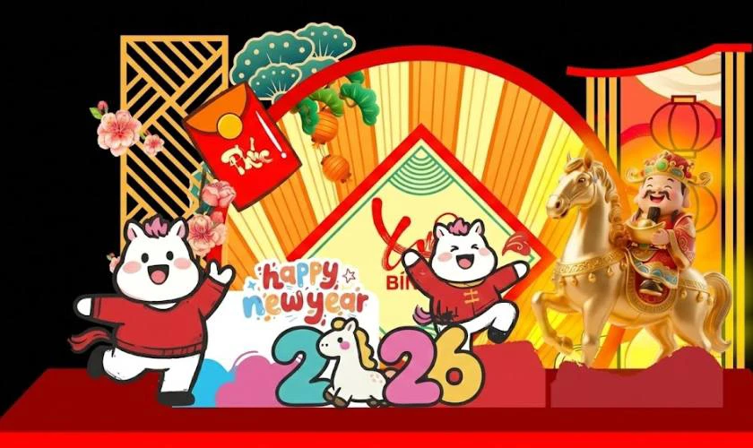 Trang Trí Sân Khấu Tết Với Biểu Tượng Con Ngựa Hoành Tráng