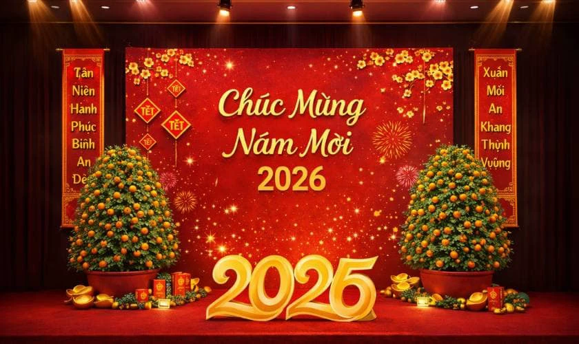 Trang Trí Sân Khấu Tết Với Câu Đối Đỏ Tươi