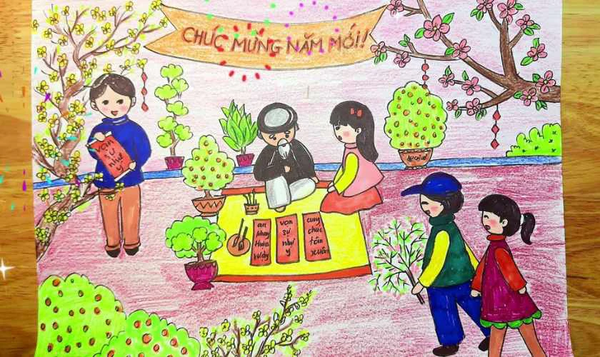Trang trí Tết mầm non 2025 bằng tranh vẽ