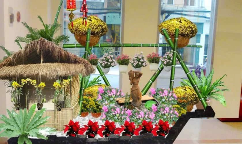 Cách trang trí Tết văn phòng với tiểu cảnh chợ Tết