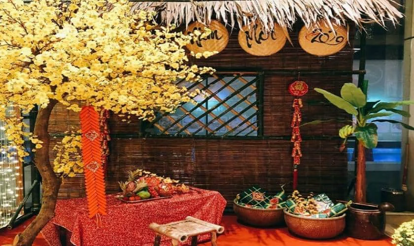 Trang trí với tiểu cảnh chợ Tết rực rỡ