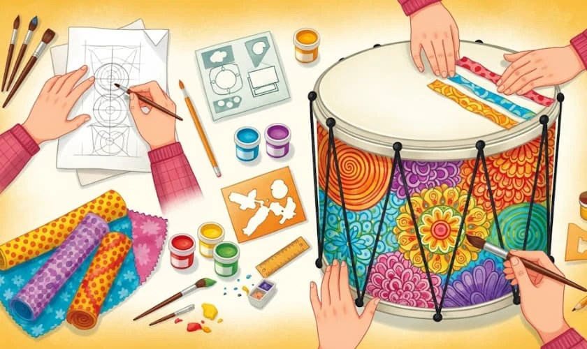 Phác thảo bố cục và họa tiết trang trí lên bề mặt trống