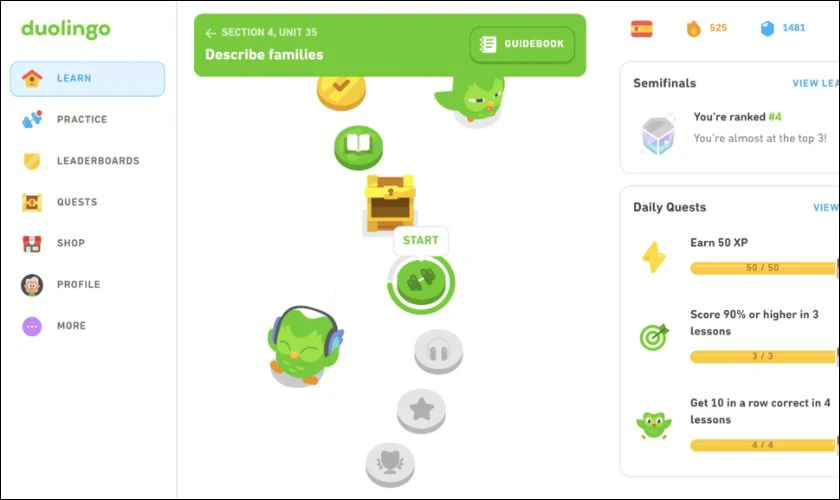 Duolingo là trang web hữu ích cho sinh viên học ngoại ngữ miễn phí