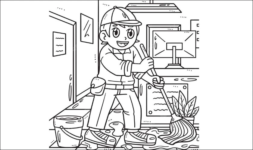 Tranh tô màu chủ đề lao động vệ sinh