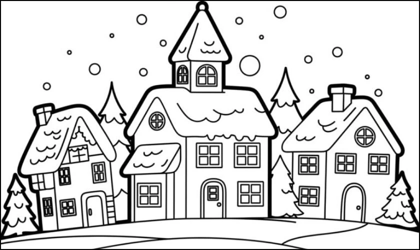 Tranh tô màu Noel cho bé chủ đề ngôi làng tuyết chi tiết