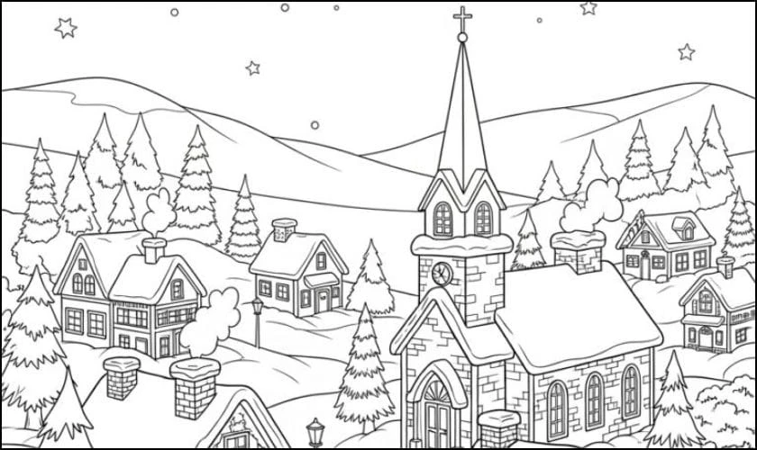 Tranh tô màu Noel cho bé chủ đề ngôi làng tuyết mới