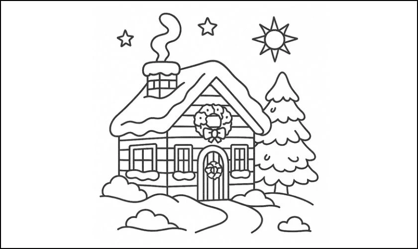 Tranh tô màu Noel cho trẻ mầm non hình ngôi nhà và ống khói xinh