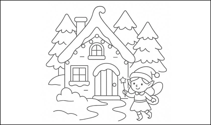 Tranh tô màu Noel cho trẻ mầm non hình ngôi nhà và ống khói nét