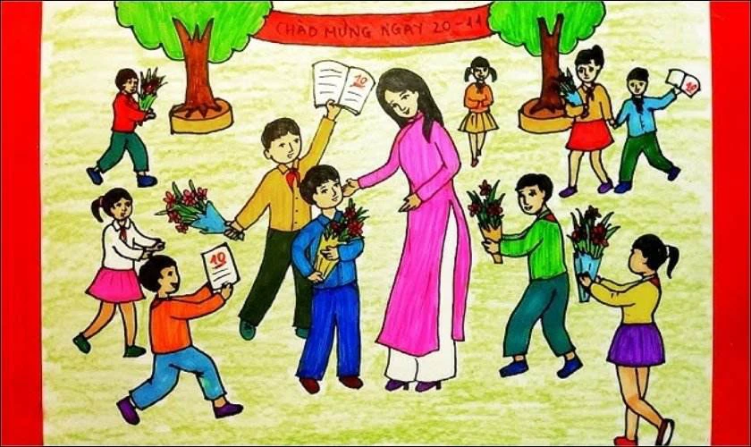 Các em học sinh đang tặng hoa cho cô giáo