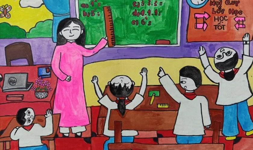 Vẽ tranh 20/11 chủ đề trường lớp trên giấy A4