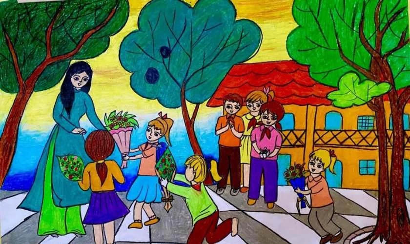 Các em học sinh tặng hoa cho thầy cô