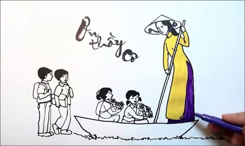 Tranh người lái đò 20/11 ấm áp, yêu thương