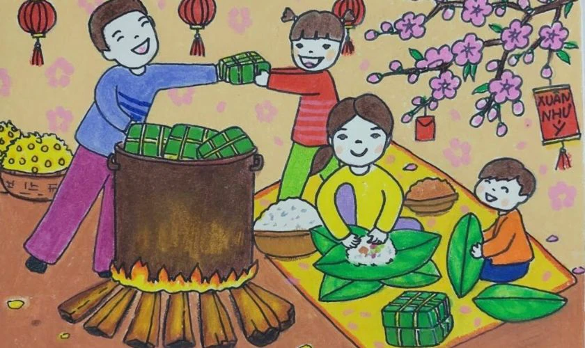 Tranh vẽ ngày Tết 2026 chủ đề ngày Tết quê em