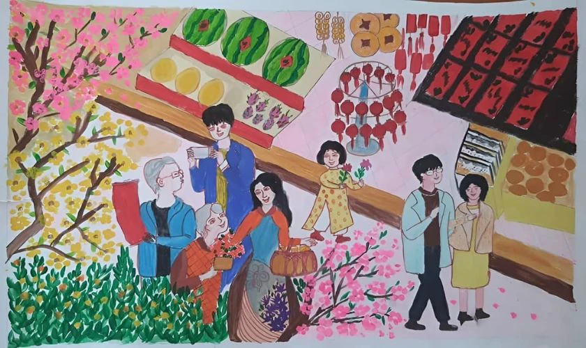 Tranh vẽ Tết 2026 chủ đề ngày Tết quê em