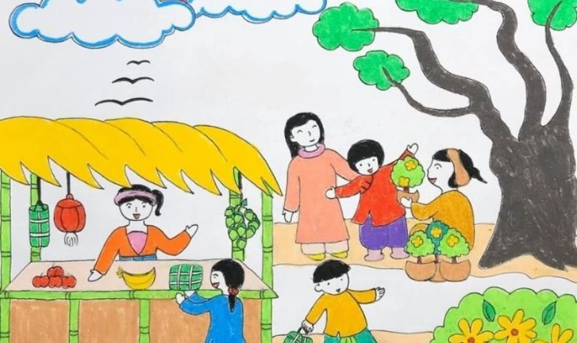 Tranh vẽ ngày Tết chủ đề ngày Tết quê em