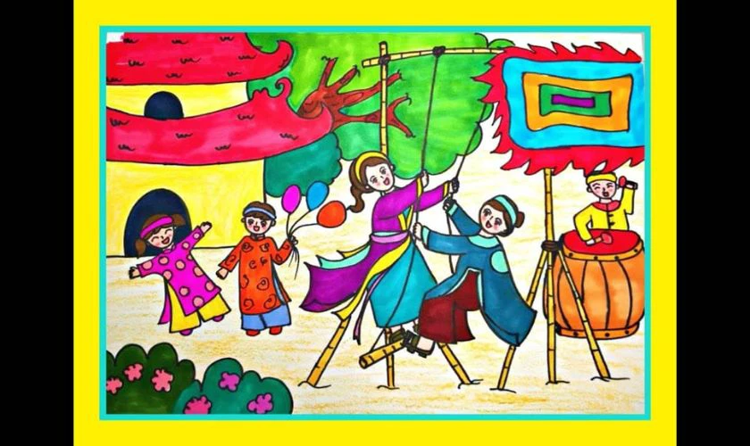 Tranh vẽ Tết 2026 chủ đề lễ hội mùa xuân