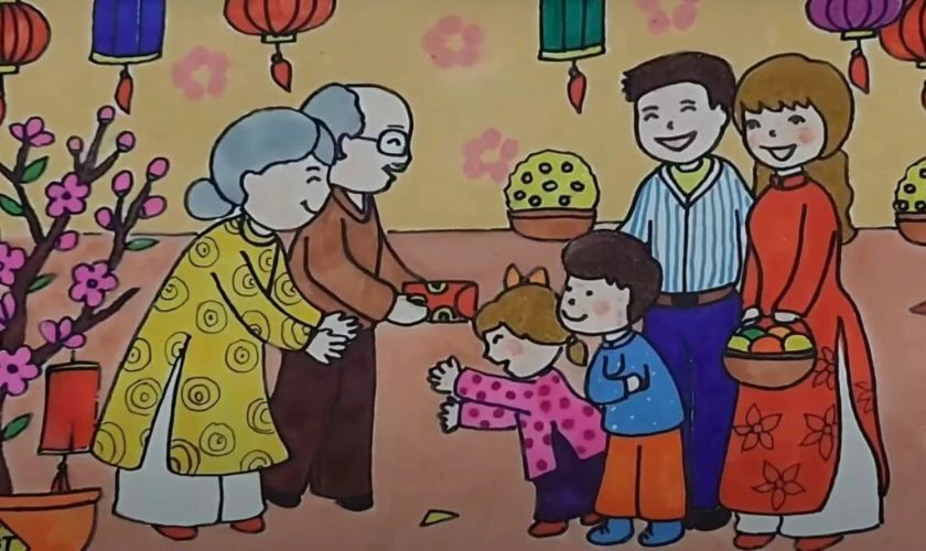 Tranh vẽ ngày Tết 2026 đơn giản, đẹp